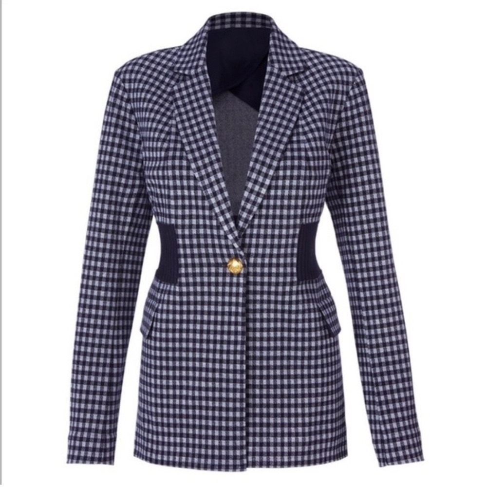 Cabi Gingham Blazer 5848 Women XS Navy Blue White Gold Button Ribbed Waist 5848